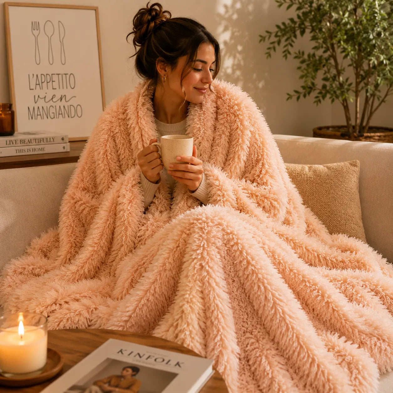 Plaid fausse fourrure beige