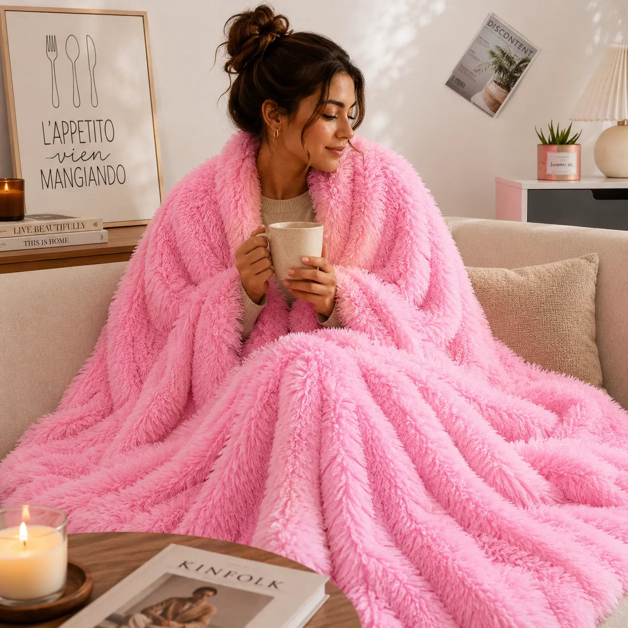 Plaid fausse fourrure rose