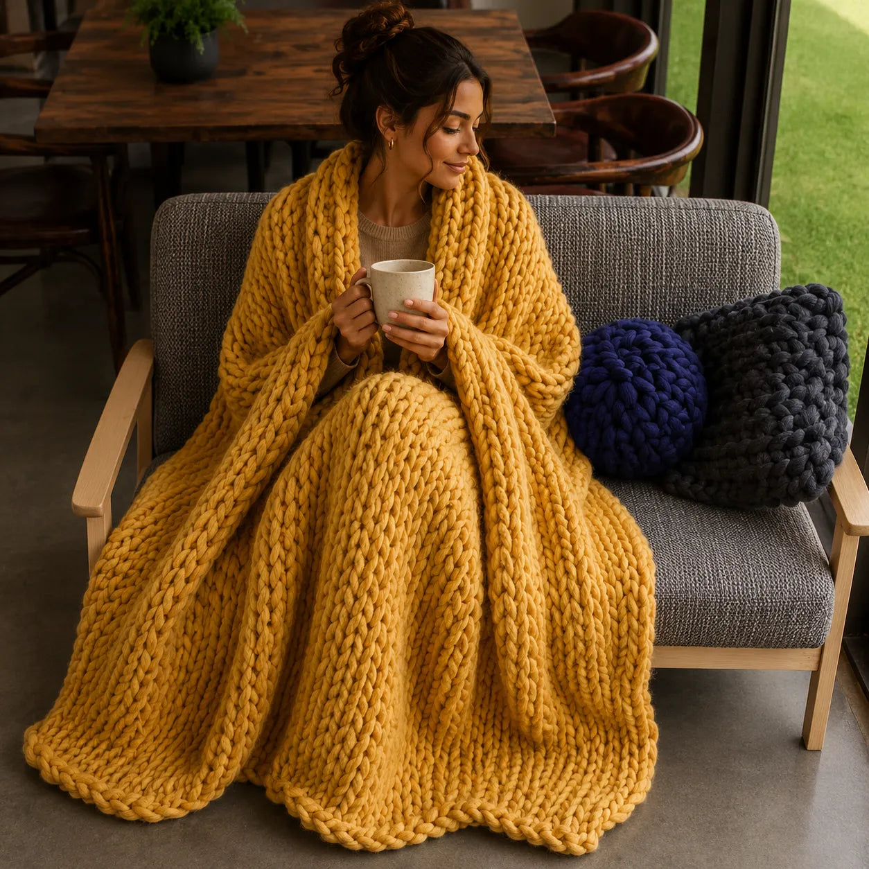 Plaid grosse maille jaune