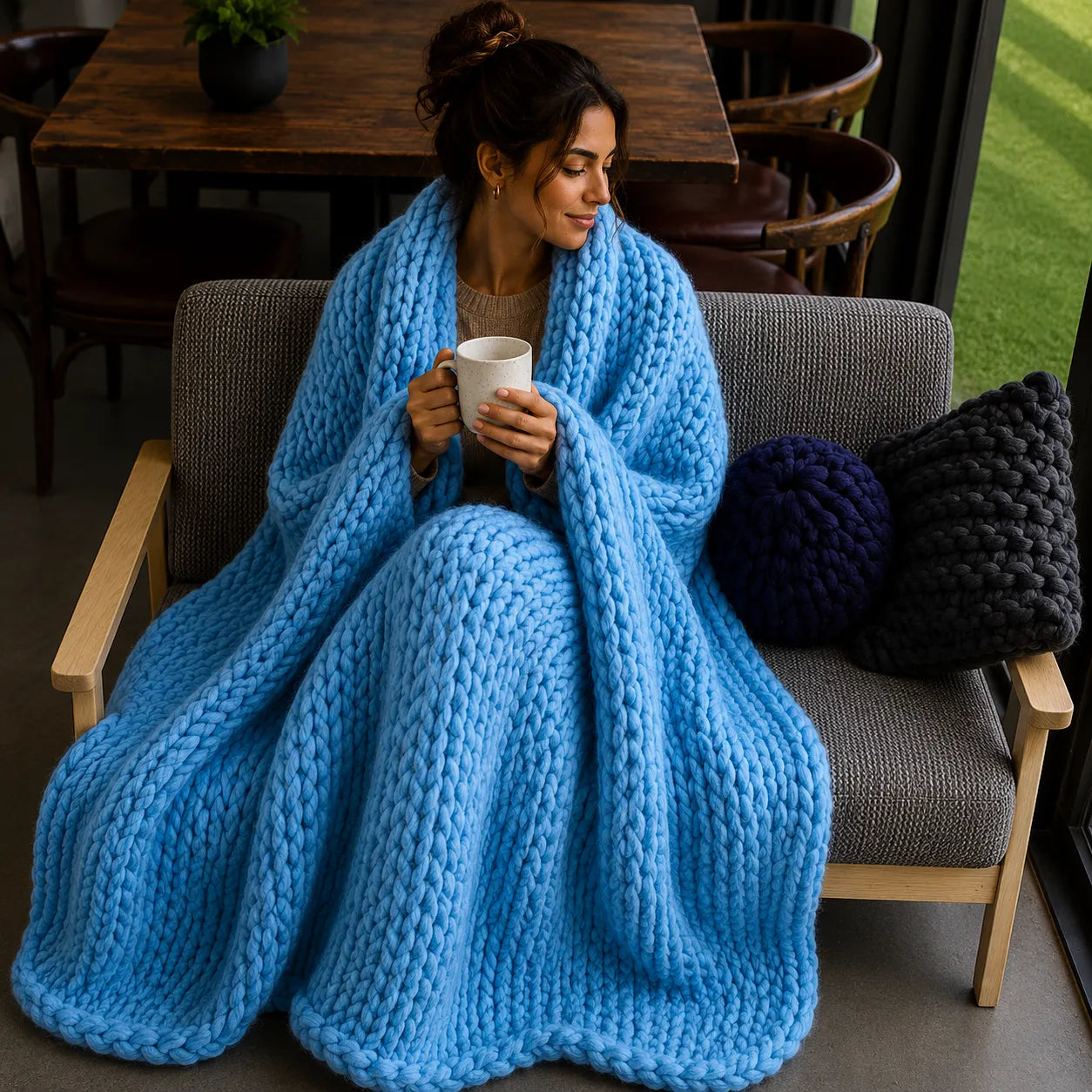 Plaid grosse maille bleu