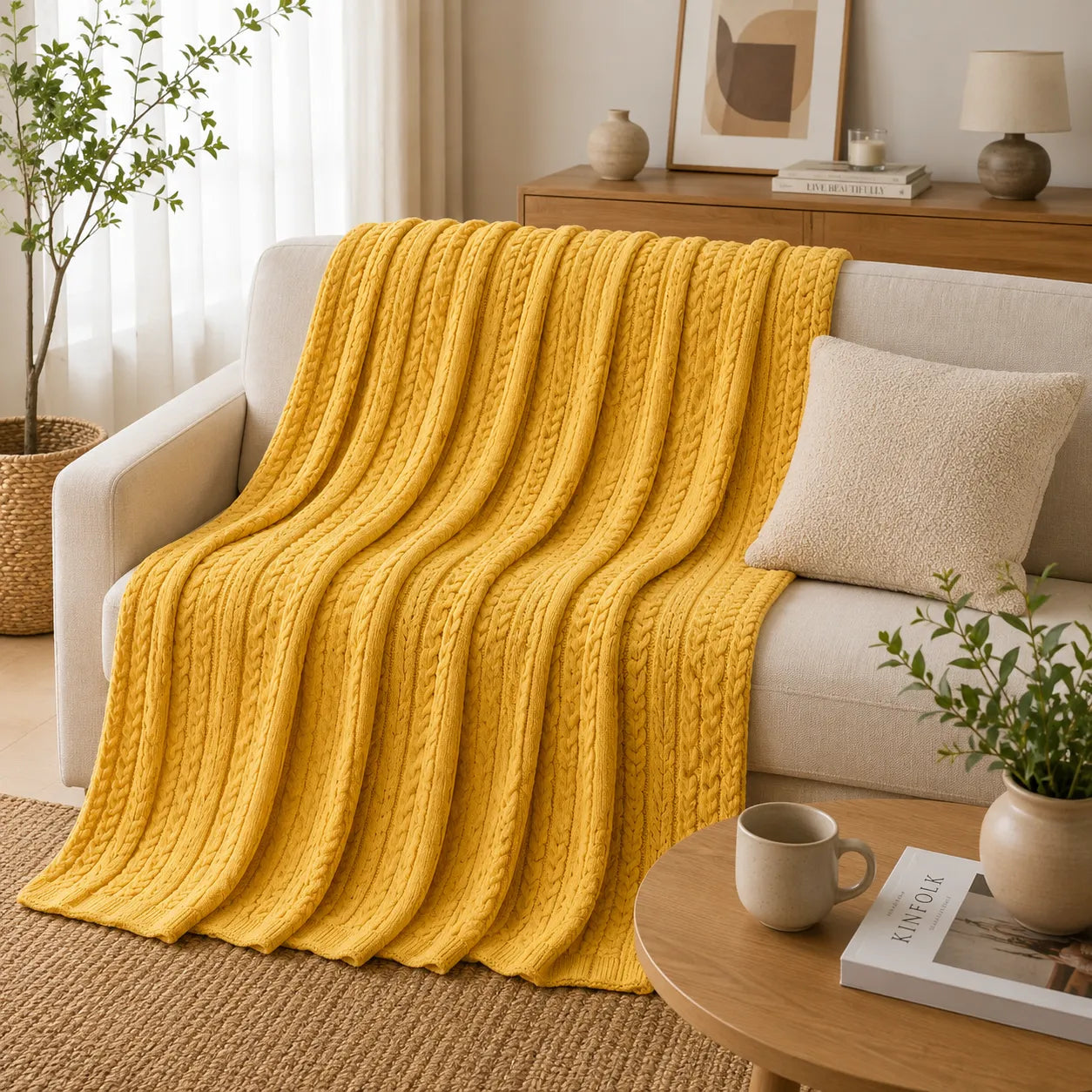 Plaid tricot jaune